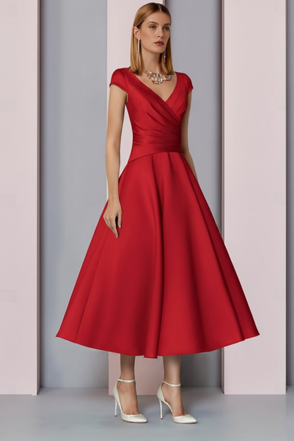 Navy Satin A-Line Mother of the Bride Dress V Neck Tea Length Wedding Guest Dress