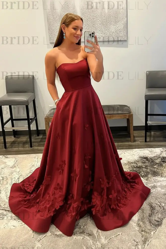 Strapless Light Blue Satin Prom Dresses 3D Flowers A-line Evening Dresses with Pocket