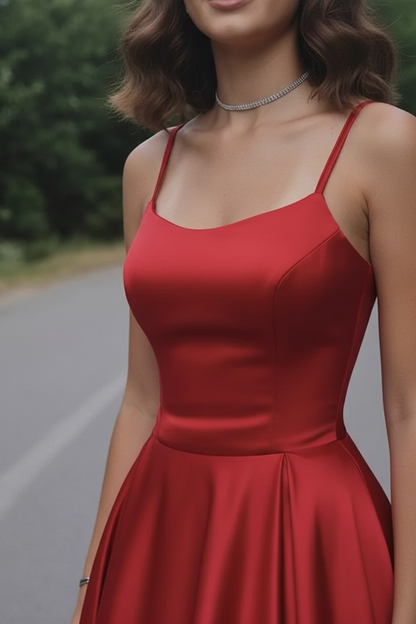 Simple A Line Red Satin Prom Dresses Long with High Slit Formal Graduation Evening Dresses