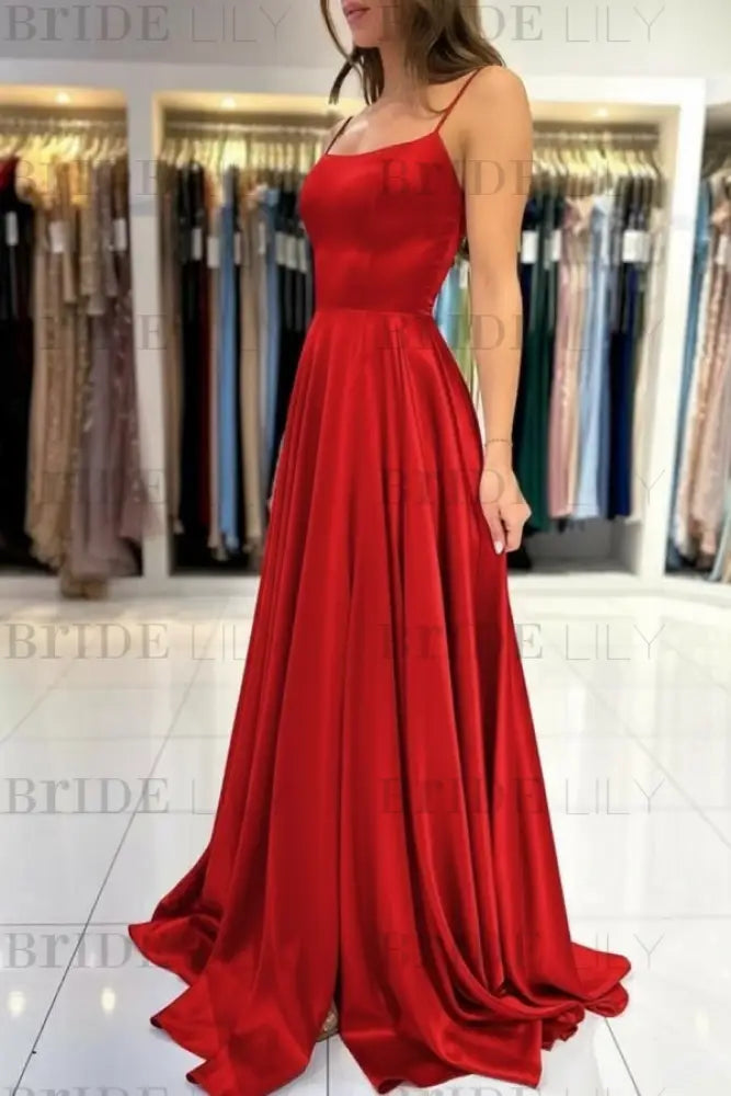 Spaghetti Straps Simple Satin Long Prom Dress with Slit