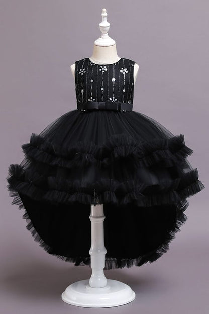 Red Tulle Belt Ruffles Flower Girl Dress with Appliques