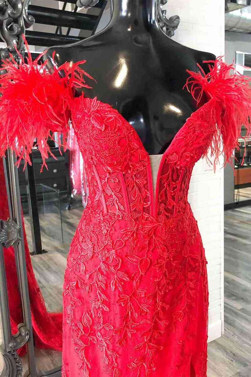 Plunging V-Neck Red Feather Shoulder Long Prom Dress