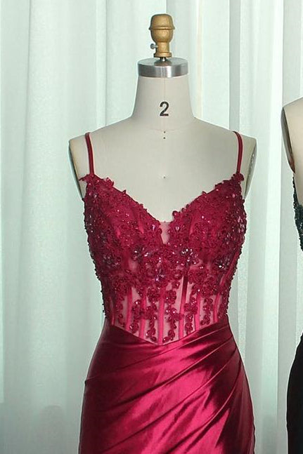 Mermaid Emerald Green Straps Ruched Prom Dress with Slit
