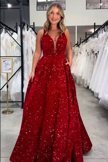 Glitter V-Neck White A-Line Prom Dress with Pockets