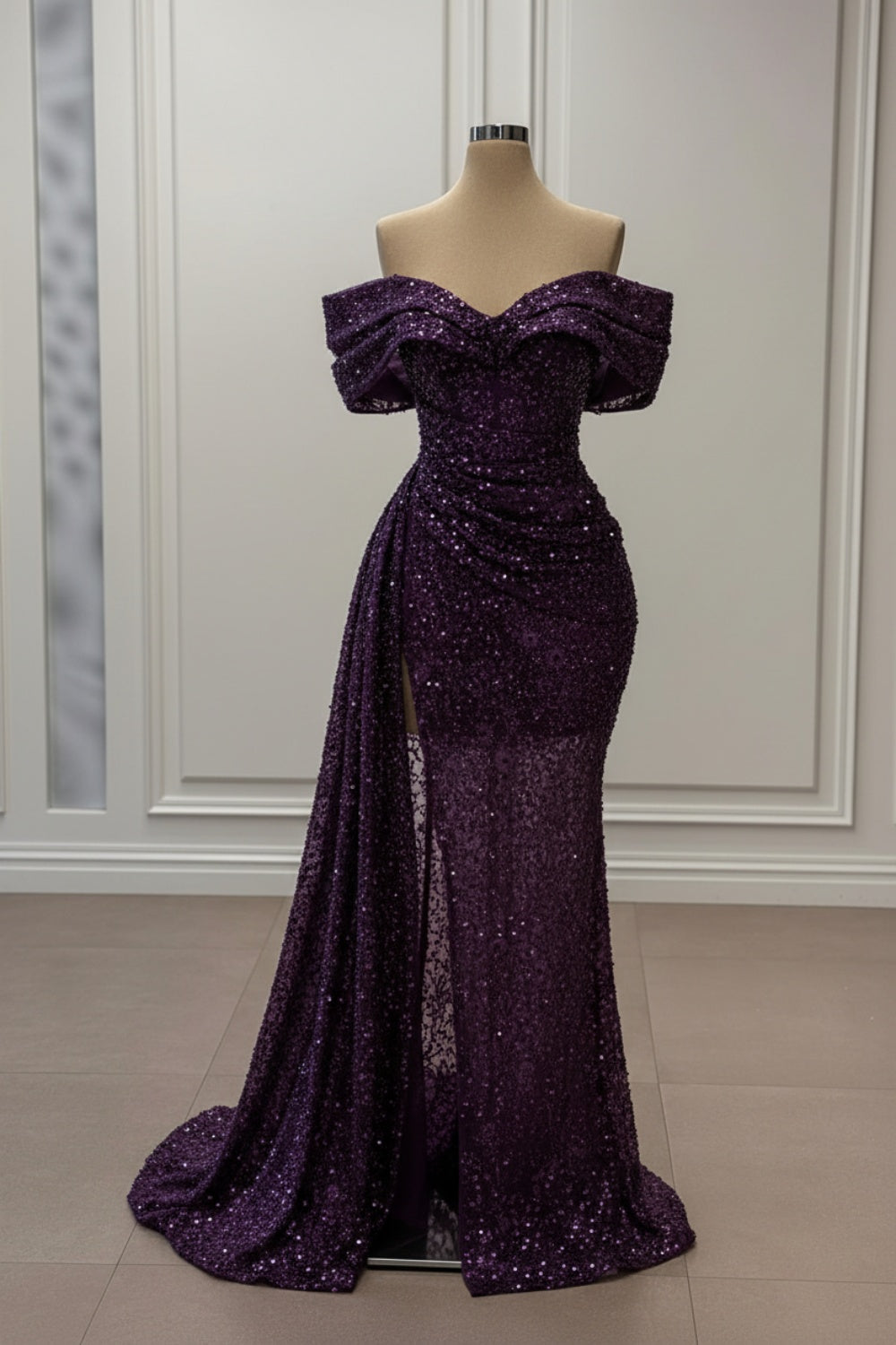 Off-the-Shoulder White Sequined Mermaid Wedding Dress