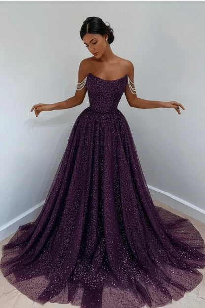 Sparkly Sky Blue Off-the-Shoulder Prom Dress Long with Sequins