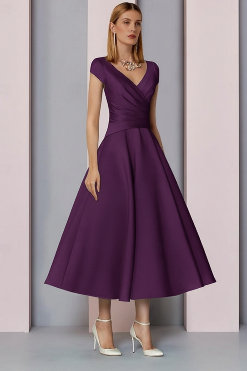 Navy Satin A-Line Mother of the Bride Dress V Neck Tea Length Wedding Guest Dress