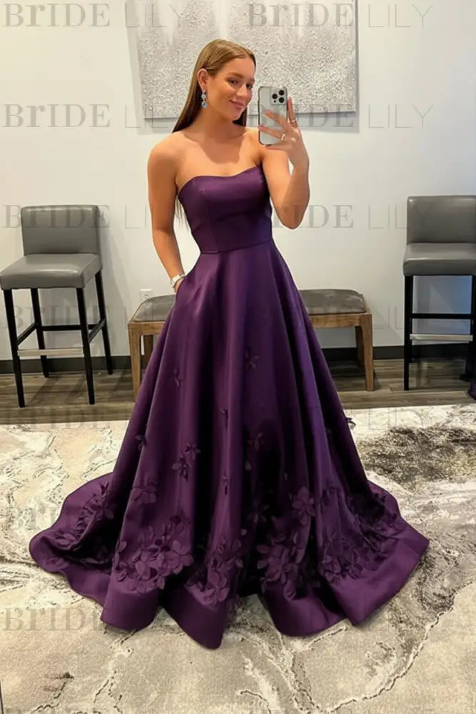 Strapless Light Blue Satin Prom Dresses 3D Flowers A-line Evening Dresses with Pocket