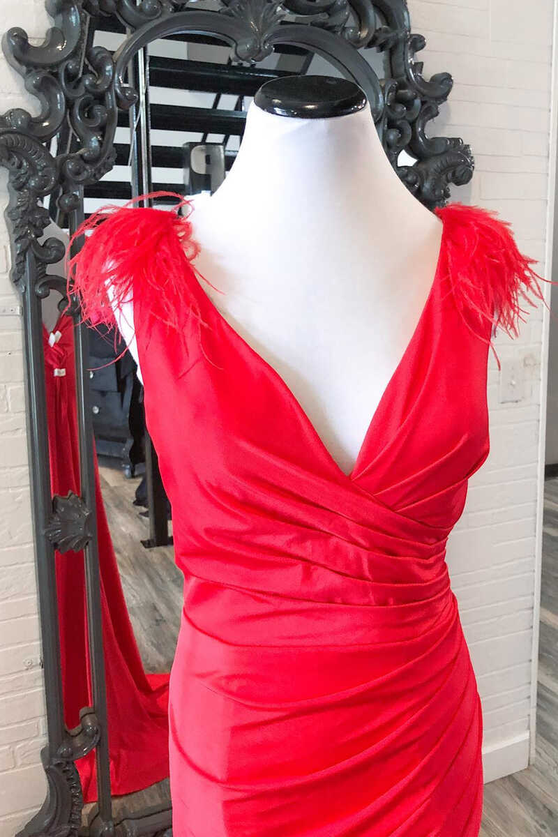 Black Feather V-Neck Long Prom Dress with Slit