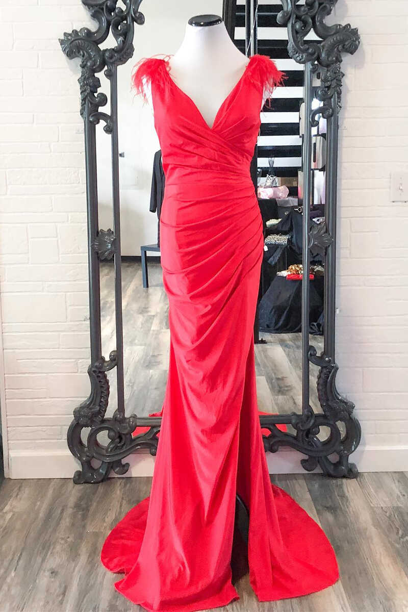 Black Feather V-Neck Long Prom Dress with Slit