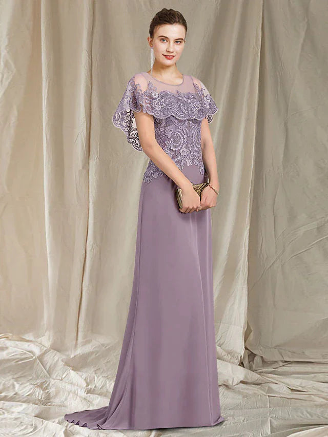 DingjiSheath / Column Mother of the Bride Dress Elegant Jewel Neck Sweep / Brush Train Chiffon Lace Sleeveless with Ruffles Appliques