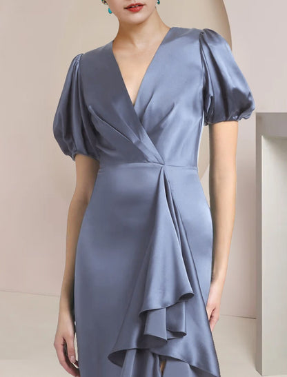 Aimishang A-Line Mother of the Bride Dress Formal Wedding Guest Party Elegant V Neck Sweep / Brush Train Satin Short Sleeve with Cascading Ruffles