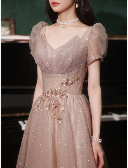 Aimishang A-Line Prom Dresses Gowns Evening Dresses Valentine's Day Wedding Guest Floor Length Short Sleeve V Neck Tulle with Sequin