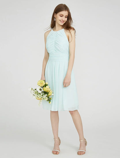 DingjiSheath / Column Jewel Neck Knee Length Chiffon Bridesmaid Dress with Ruched / Side Draping