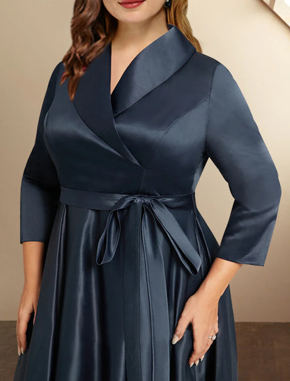 Aimishang A-Line Mother of the Bride Dresses Plus Size Hide Belly Curve High Low Dress Formal Asymmetrical 3/4 Length Sleeve Shirt Collar Satin with Bow(s) Pleats