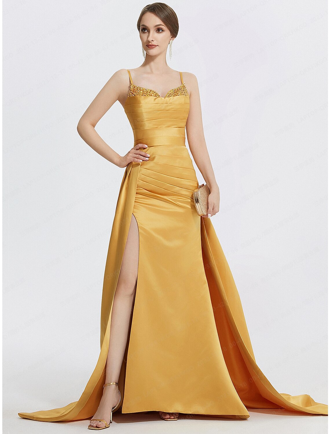 Aimishang A-Line Evening Gown Sparkle Dress Wedding Prom Sweep / Brush Train Sleeveless Spaghetti Strap Satin with Rhinestone Ruched