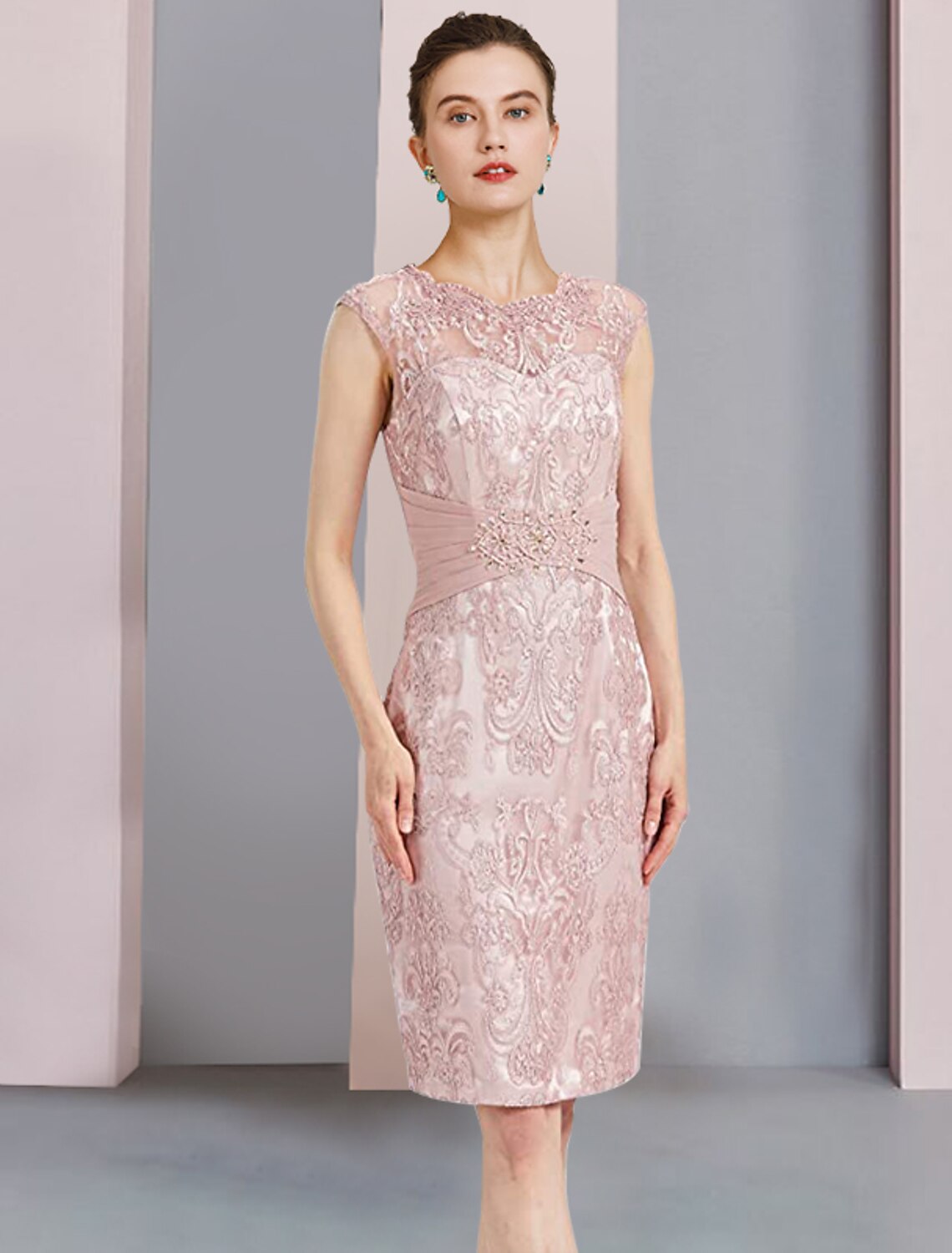 Aimishang  Two Piece Sheath / Column Mother of the Bride Dress Formal Wedding Guest Elegant Scoop Neck Knee Length Chiffon Lace Sleeveless Jacket Dresses with Beading Appliques