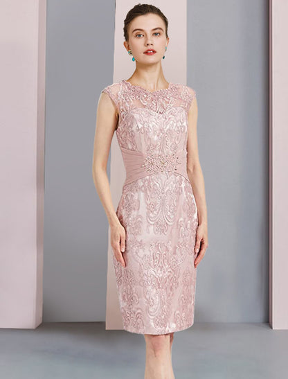 Aimishang  Two Piece Sheath / Column Mother of the Bride Dress Formal Wedding Guest Elegant Scoop Neck Knee Length Chiffon Lace Sleeveless Jacket Dresses with Beading Appliques