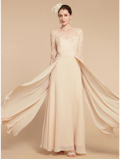 Aimishang  A-Line Mother of the Bride Dress Wedding Guest Elegant Jewel Neck Ankle Length Chiffon Lace Long Sleeve with Ruching Solid Color