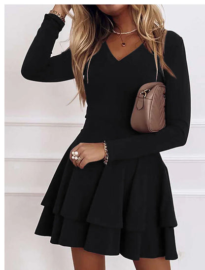 A-Line Cocktail Dresses Flirty Dress Wedding Guest Homecoming Short / Mini Long Sleeve V Neck Spandex with Pleats Pure Color
