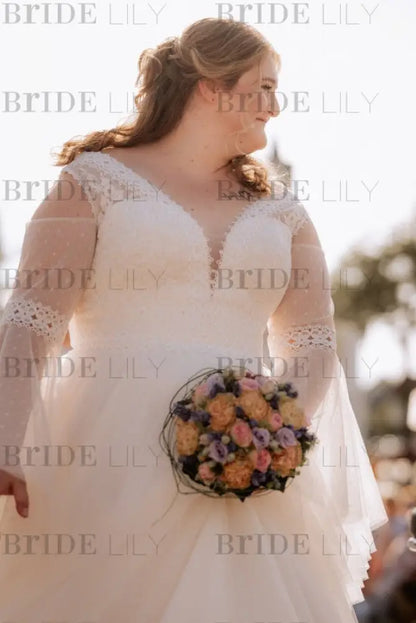Romantic Lace Wedding Dress Aline Plus Size Long Sleeves with Chapel Train