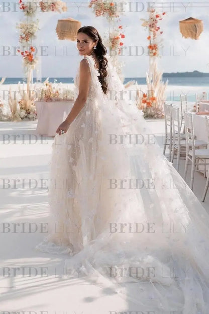 Romantic Tulle Lace Aline Wedding Dress V-Neck Long Bridal Dress