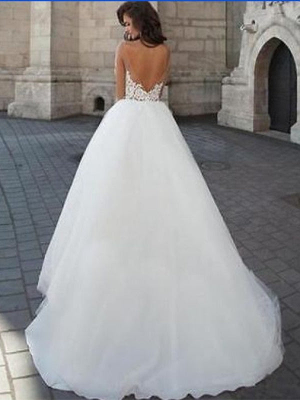 Round Neck Backless Lace Aline White Wedding Dress Long Sleeves