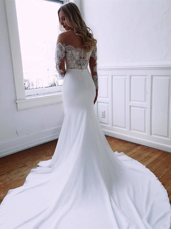Round Neck Mermaid Lace Wedding Dress with Train with Sleeves