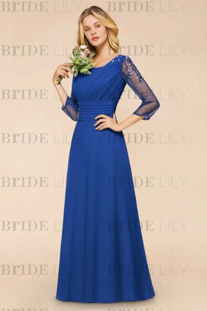 Long Sleeves Aline Bridesmaid Dress Ruffle Chiffon Beadings Wedding Guest Dress