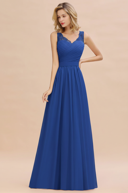 Modest Floral Lace A-line Bridesmaid Dress V-Neck Ruched Chiffon Wedding Guest Dress
