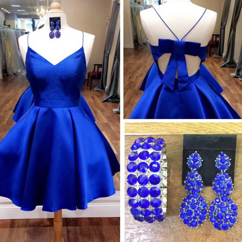 Short A Line V Neck Satin Short Bow Back Dress