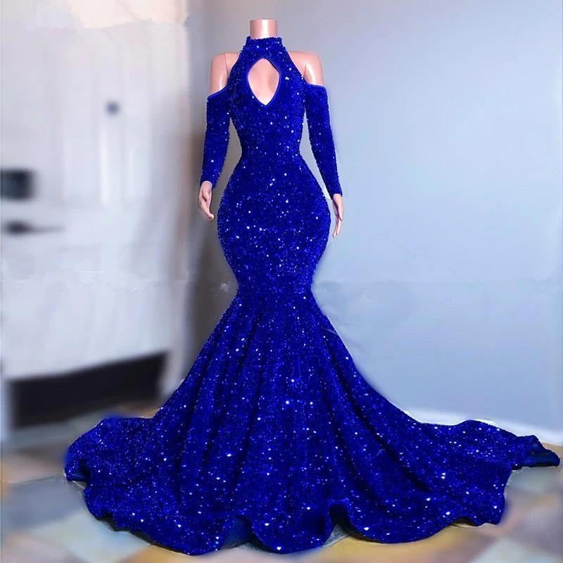 Royal Blue Long Sleeve Sequins Mermaid Prom Dress with High Neck