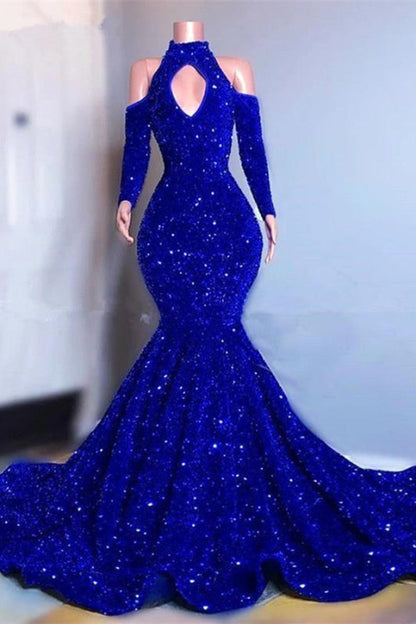 Royal Blue Long Sleeve Sequins Mermaid Prom Dress with High Neck
