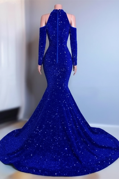 Royal Blue Long Sleeve Sequins Mermaid Prom Dress with High Neck