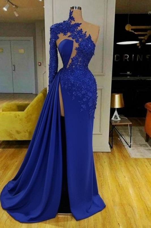 White Mermaid Evening Dress Front Split with Long Sleeves