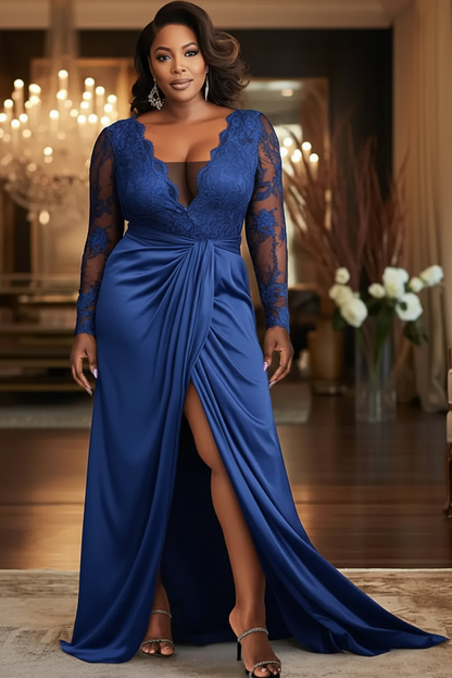V-Neck Black Mother of the Bride Dress Long Sleeves lace Front Slit Wedding Guest Dress
