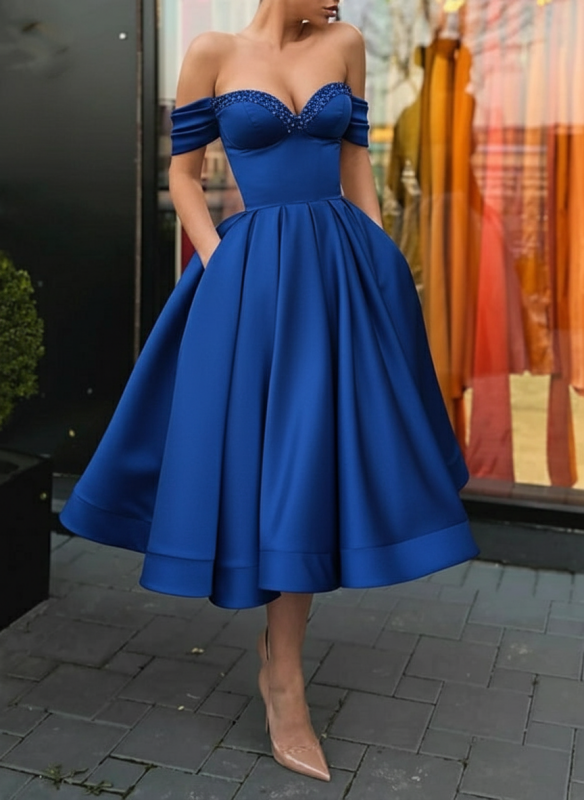 Off Shoulder Satin Tea Length Prom Dresses Sequins Pink Formal Graduation Evening Dresses