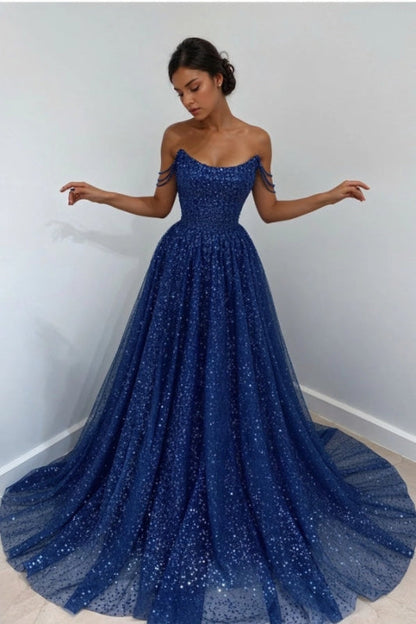Sparkly Sky Blue Off-the-Shoulder Prom Dress Long with Sequins