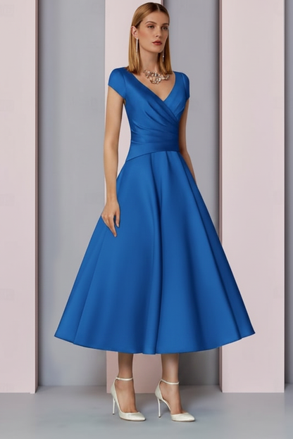 Navy Satin A-Line Mother of the Bride Dress V Neck Tea Length Wedding Guest Dress