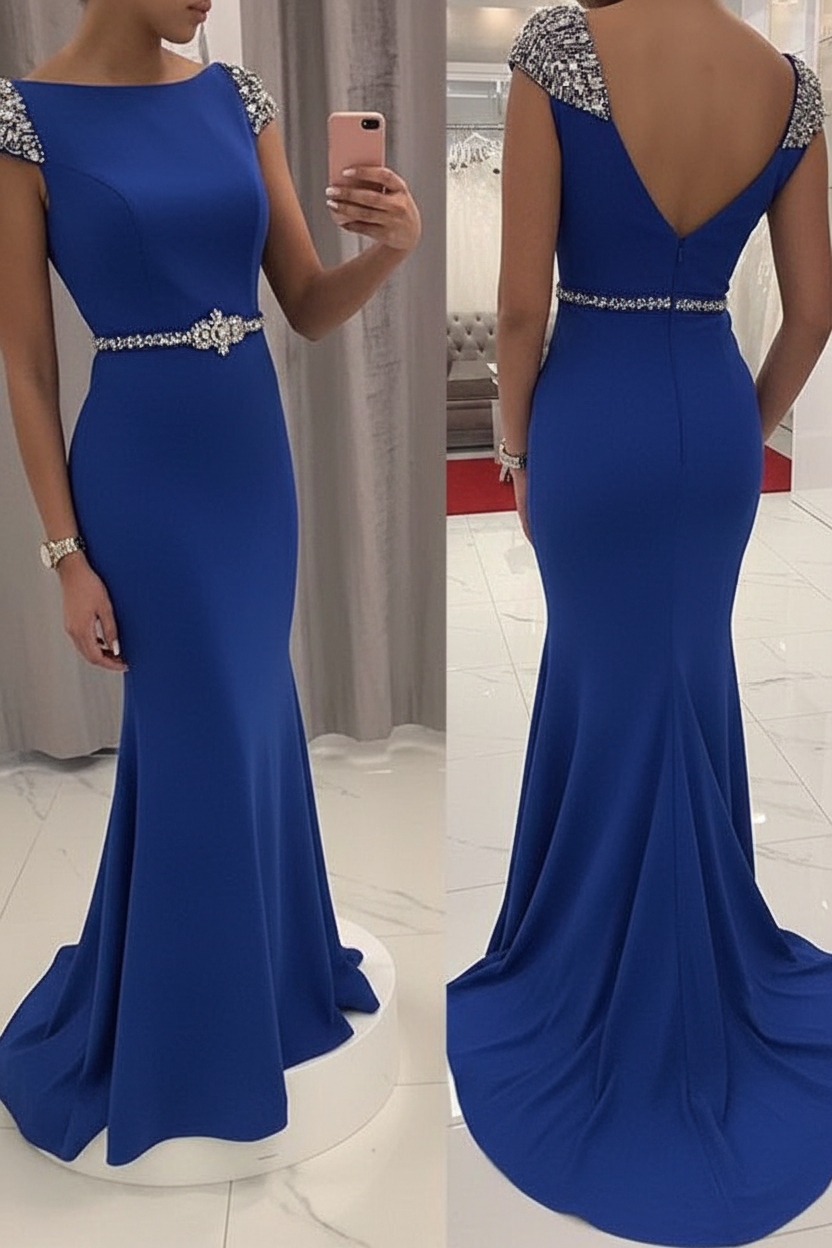 Navy Blue Sequined Fitted Cap Sleeve Mermaid Prom Dress Formal Gown
