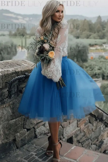 Blue Simple Wedding Dress A Line Designed Neckline Lace Tulle Bridal Gowns