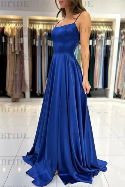 Spaghetti Straps Simple Satin Long Prom Dress with Slit