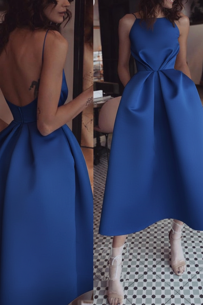 Unique Tea Length Satin Party Spaghetti Straps Backless Prom Dress
