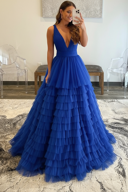 V Neck Layered Tulle Long Prom Dresses Orange Aline Formal Evening Dresses