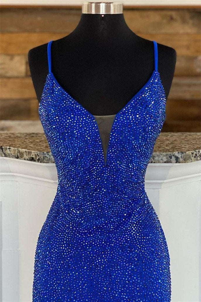 Royal Blue V Neck Mermaid Evening Dress with Appliques Splitting
