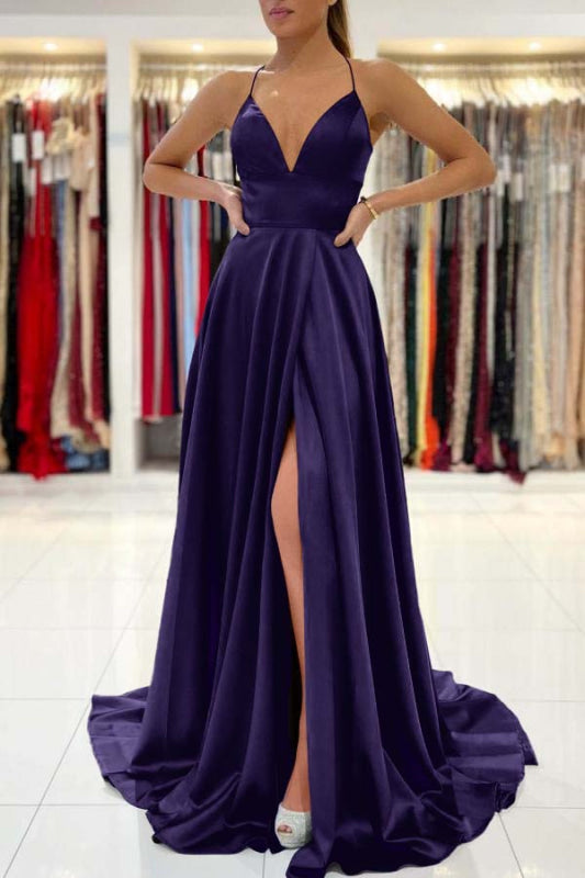 Royal Blue V-Neck Prom Dress Sleeveless With Slit