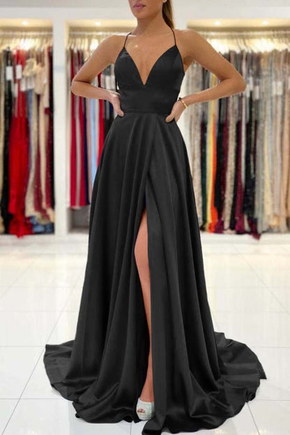 Royal Blue V-Neck Prom Dress Sleeveless With Slit
