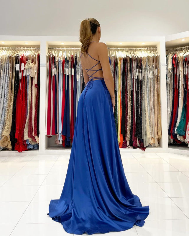 Royal Blue V-Neck Prom Dress Sleeveless With Slit