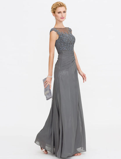 Aimishang A-Line Mother of the Bride Dress Wedding Guest Elegant See Through Bateau Neck Floor Length Chiffon Lace Sleeveless with Side Draping Fall