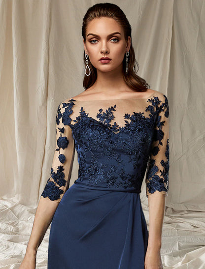 Aimishang  Sheath / Column Mother of the Bride Dress Wedding Guest Plus Size Elegant Jewel Neck Sweep / Brush Train Chiffon Half Sleeve with Appliques Fall